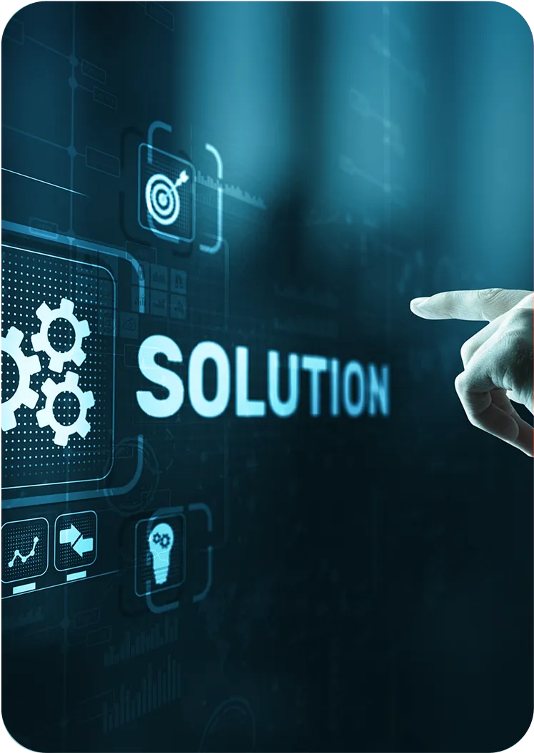 Hand pointing towards the word 'Solution' on a digital interface with icons representing tools and strategy