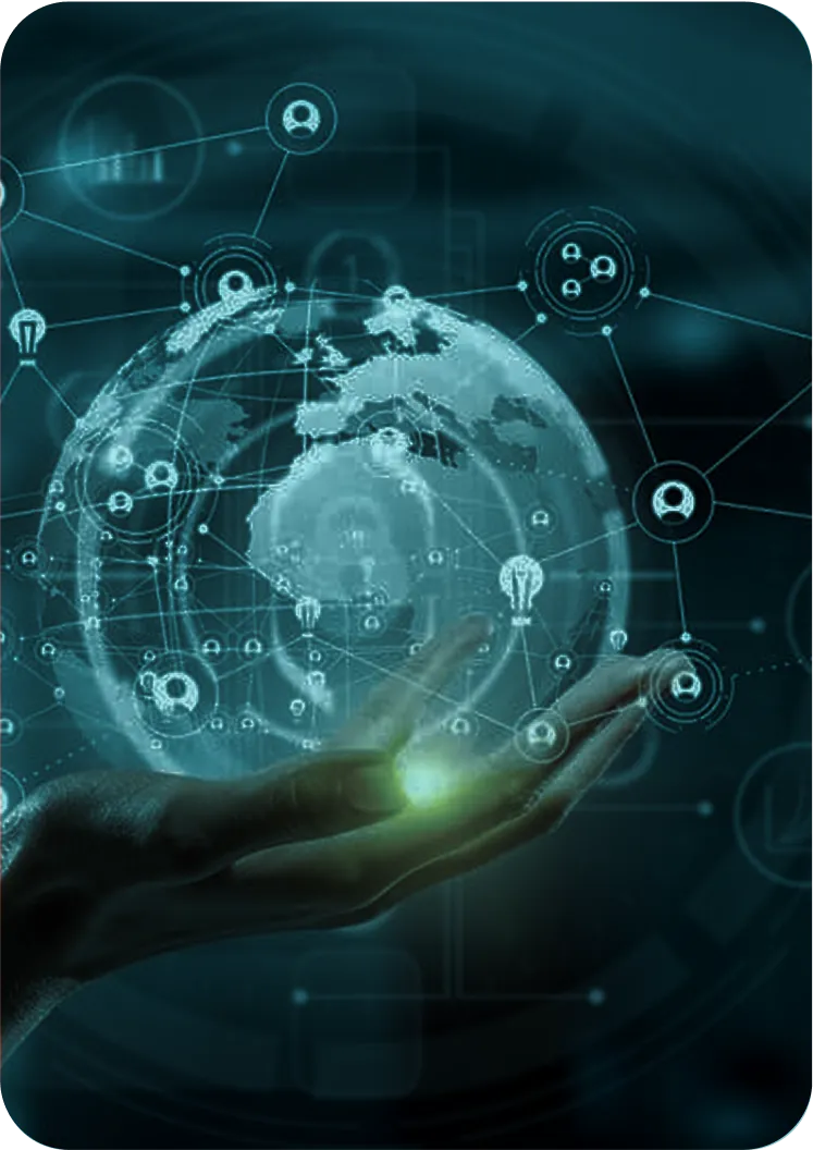 Hand supporting a glowing digital globe with interconnected user and technology icons, representing innovation.