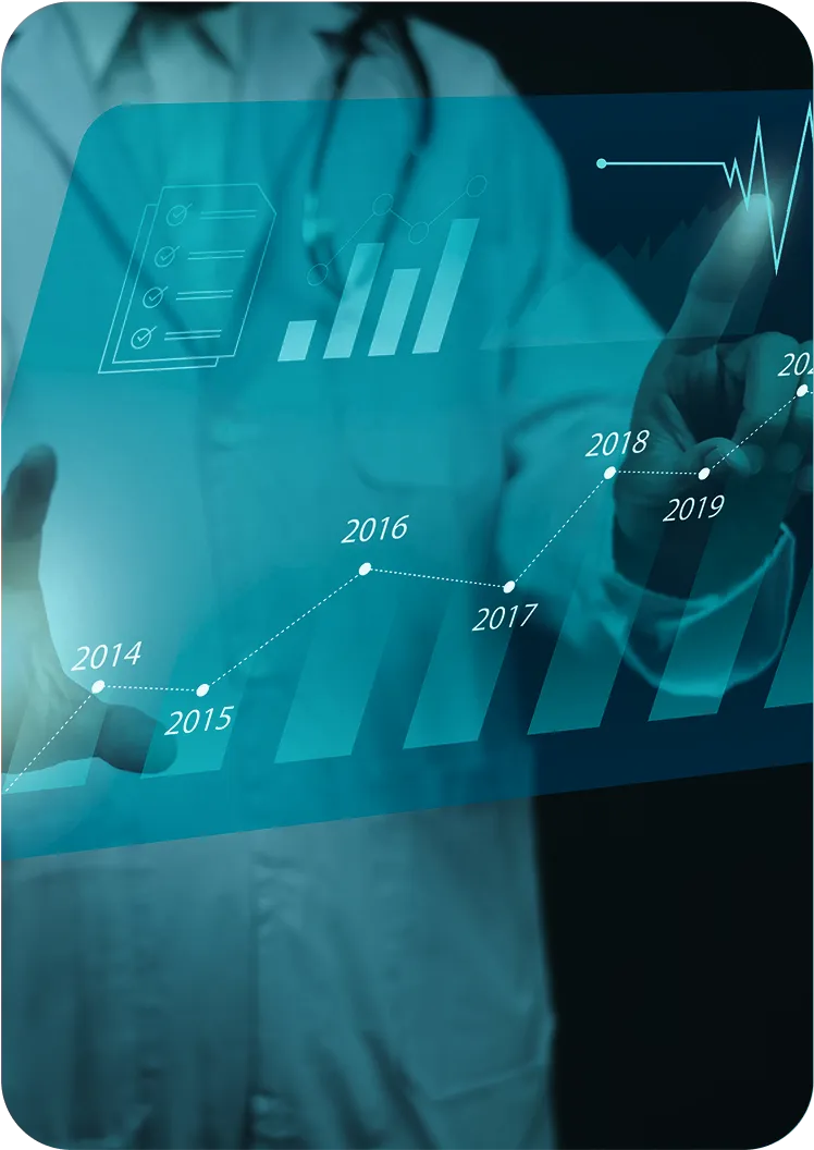 Medical professional interacting with a virtual growth analytics dashboard, symbolizing precision.