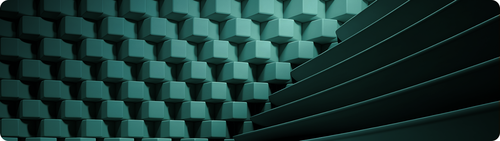 Abstract 3D background with teal cube structures and curved layers, symbolizing modular technology and modern digital architecture.