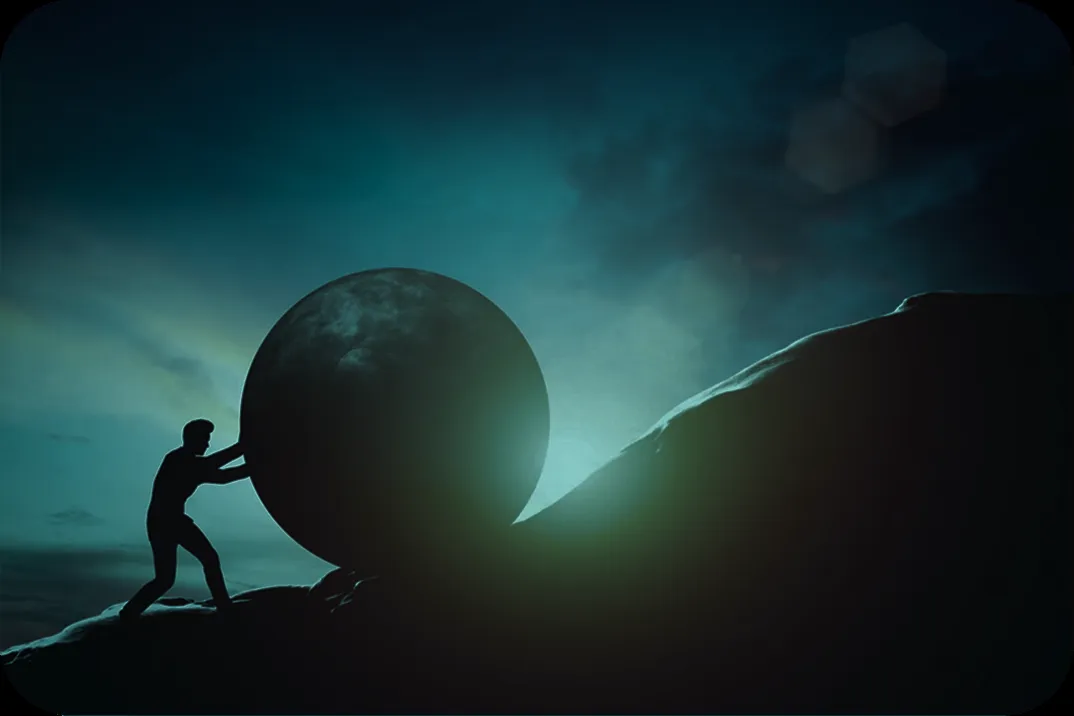 Man pushing a large sphere uphill in a dark blue environment symbolizing strength, resilience, and futuristic effort.