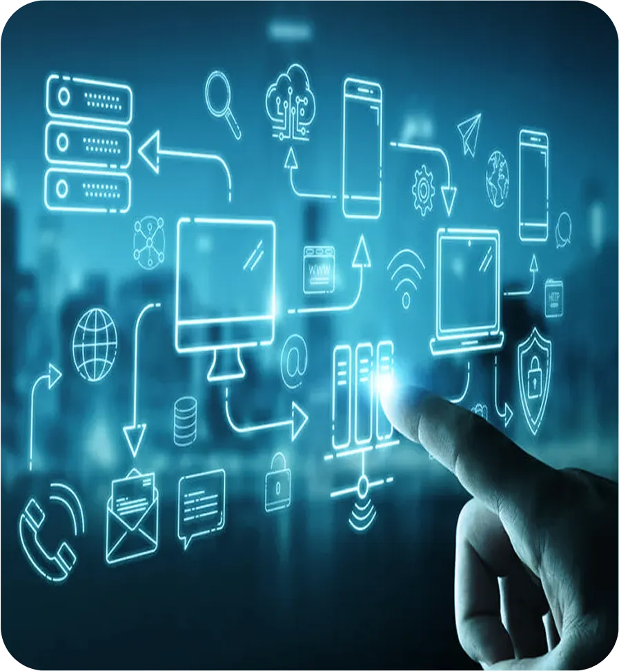 A hand interacting with futuristic digital interface icons representing software development, cloud systems, and custom IT solutions.
