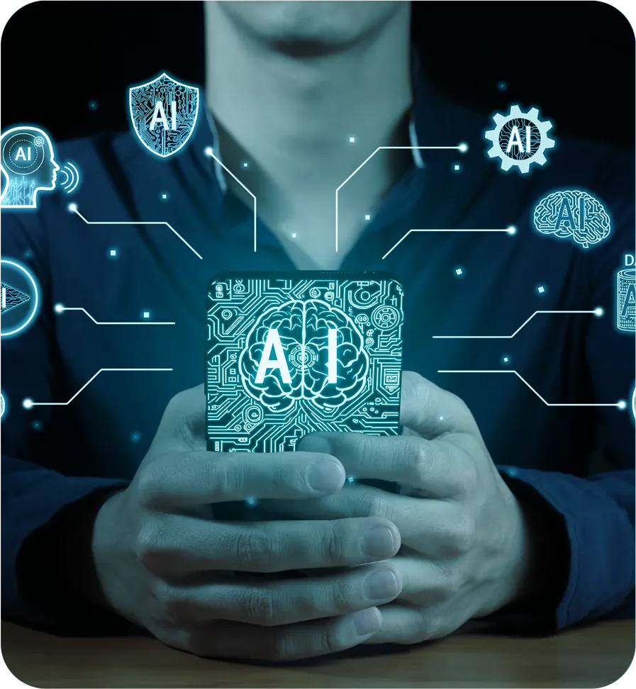 Man holding a smartphone with AI icons and digital brain graphics, representing artificial intelligence integration in mobile technology.