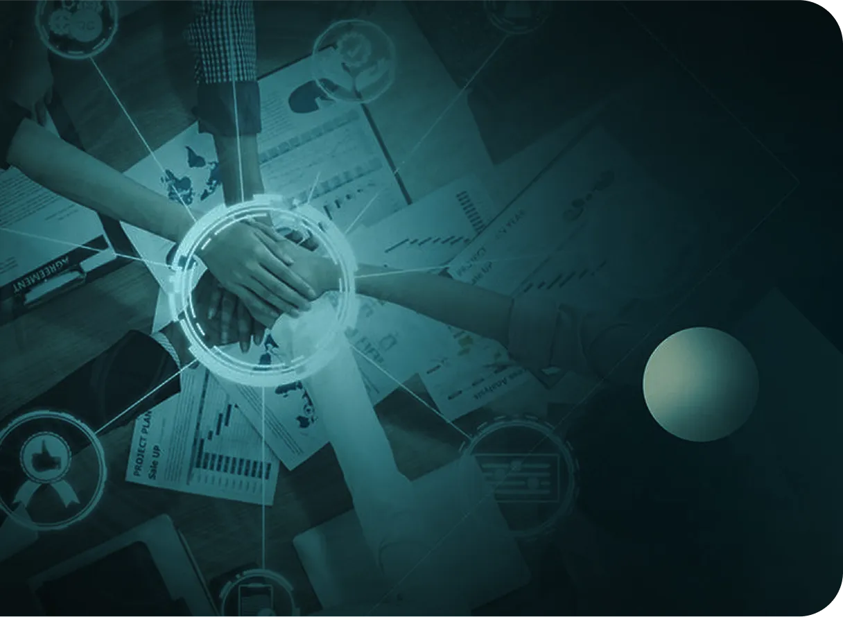 Hands joined in collaboration above business documents and digital overlays, symbolizing unified teamwork and measurable success.