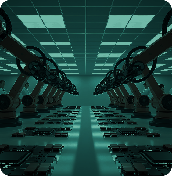 Automated robotics lab with robotic arms assembling circuit boards, representing advanced manufacturing and industrial automation.